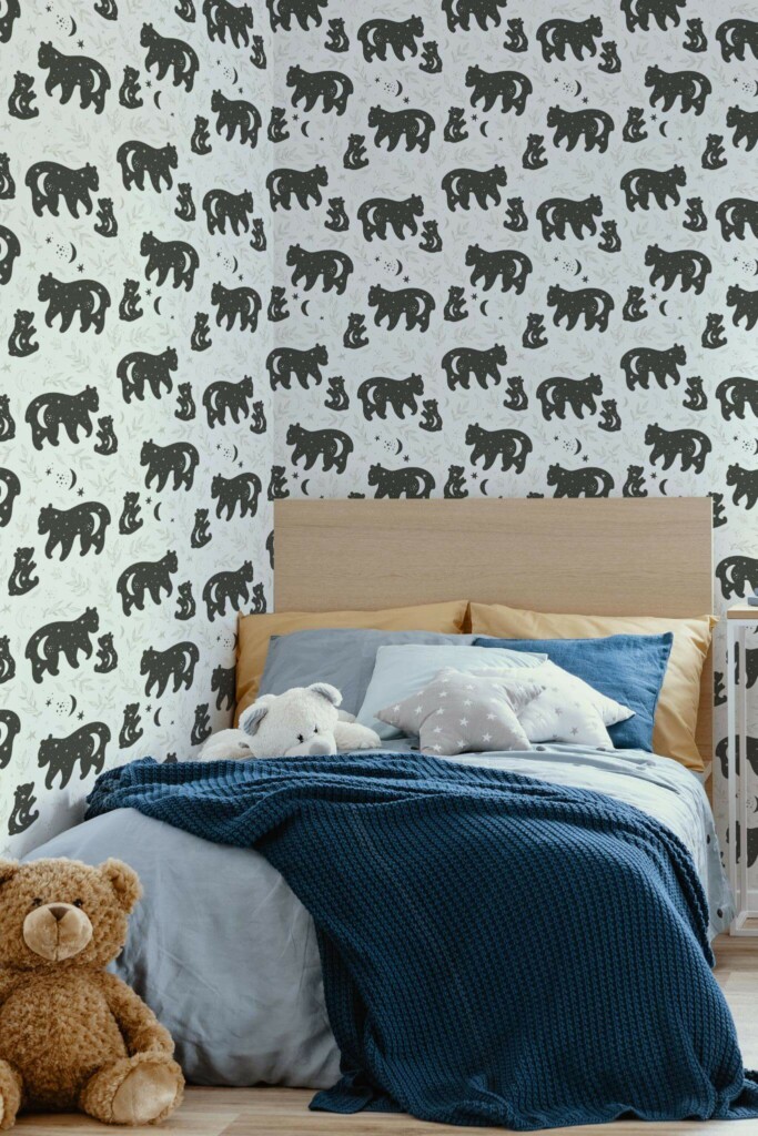 oastal style kids room decorated with Black and white bears peel and stick wallpaper