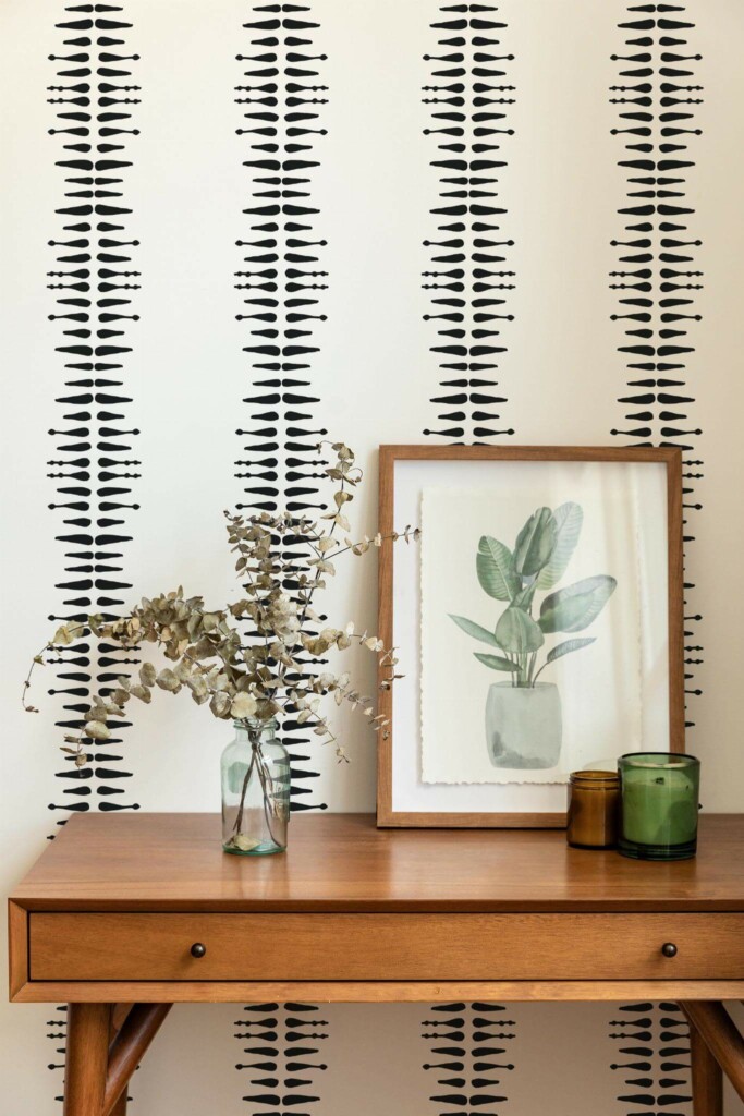 Mid-century modern style living room decorated with Black and white boho stripe peel and stick wallpaper