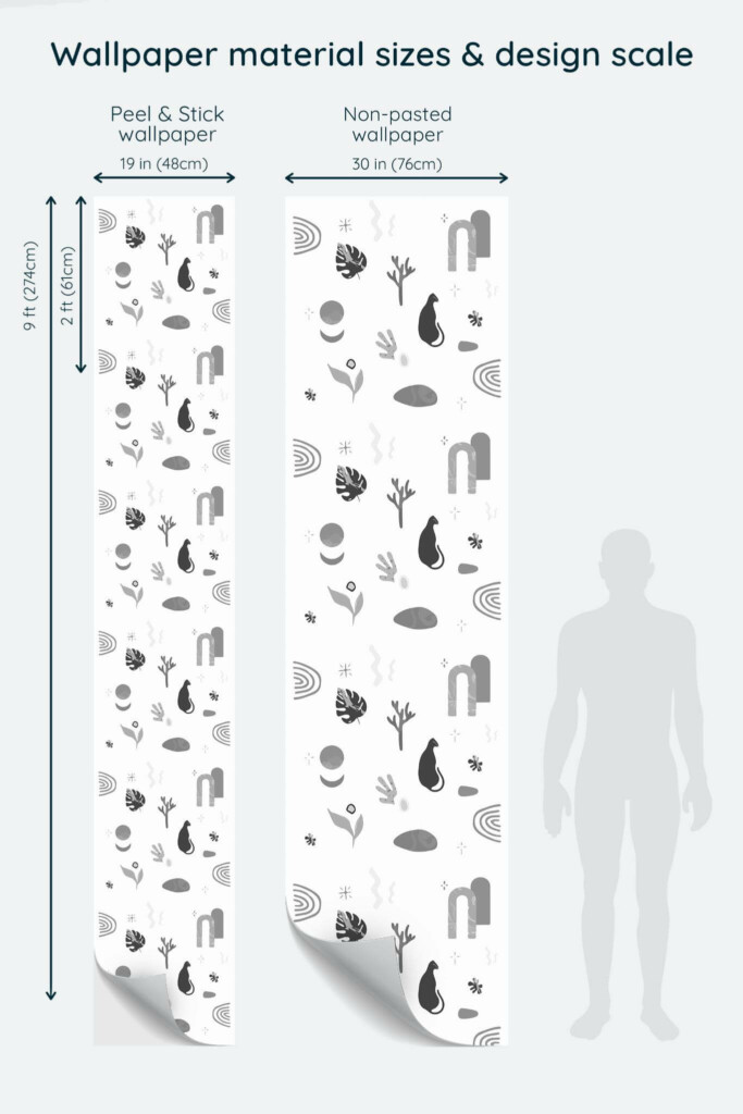 Size comparison of Black and white boho Peel & Stick and Non-pasted wallpapers with design scale relative to human figure