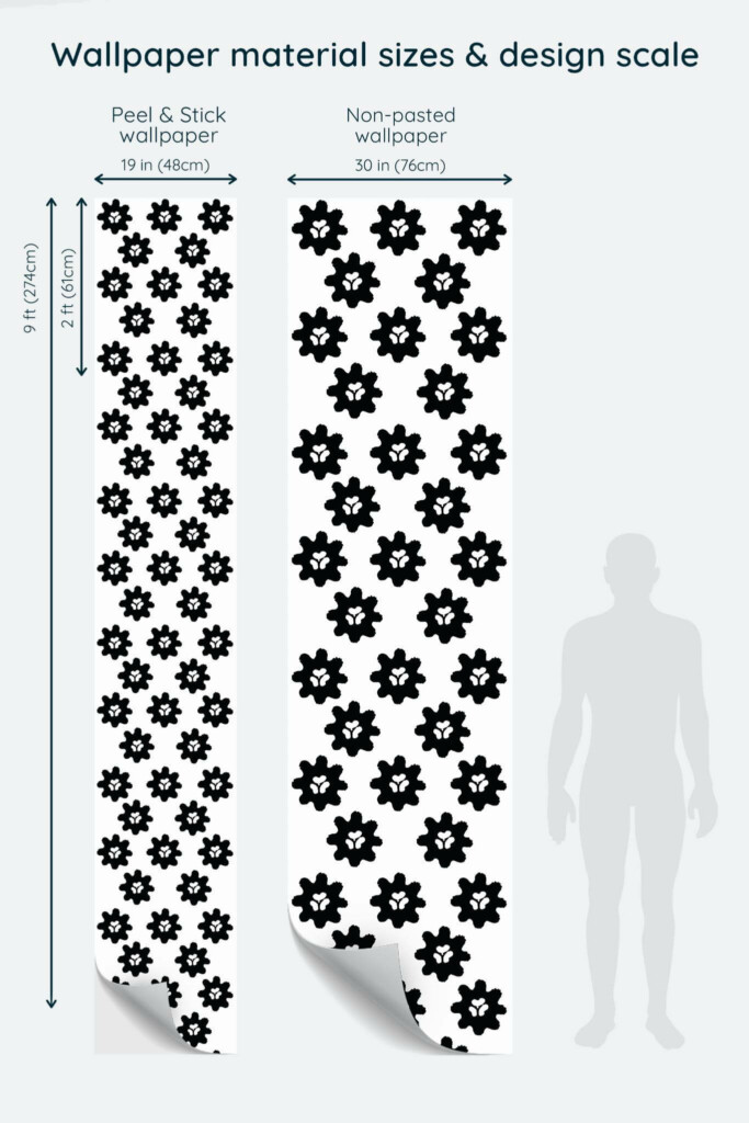 Size comparison of Black and white bold floral Peel & Stick and Non-pasted wallpapers with design scale relative to human figure