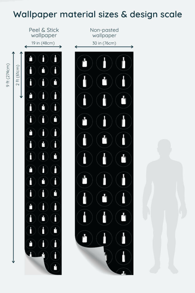 Size comparison of Black and White Bottle Peel & Stick and Non-pasted wallpapers with design scale relative to human figure