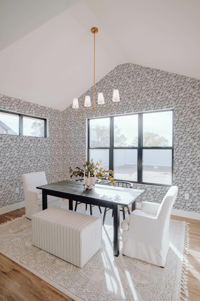 Elegant minimal style dining room decorated with Black and white braid pattern peel and stick wallpaper