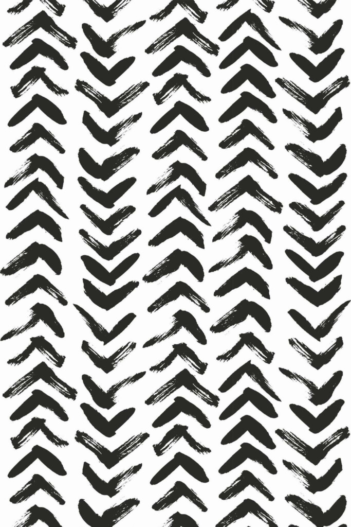 Pattern repeat of Black and white brush stroke herringbone removable wallpaper design