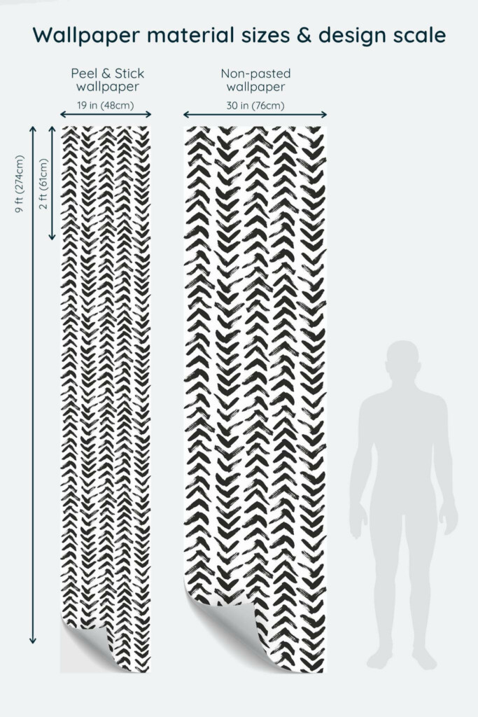 Size comparison of Black and white brush stroke herringbone Peel & Stick and Non-pasted wallpapers with design scale relative to human figure