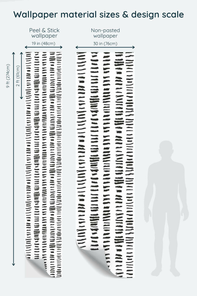 Size comparison of Black and white brush stroke pattern Peel & Stick and Non-pasted wallpapers with design scale relative to human figure