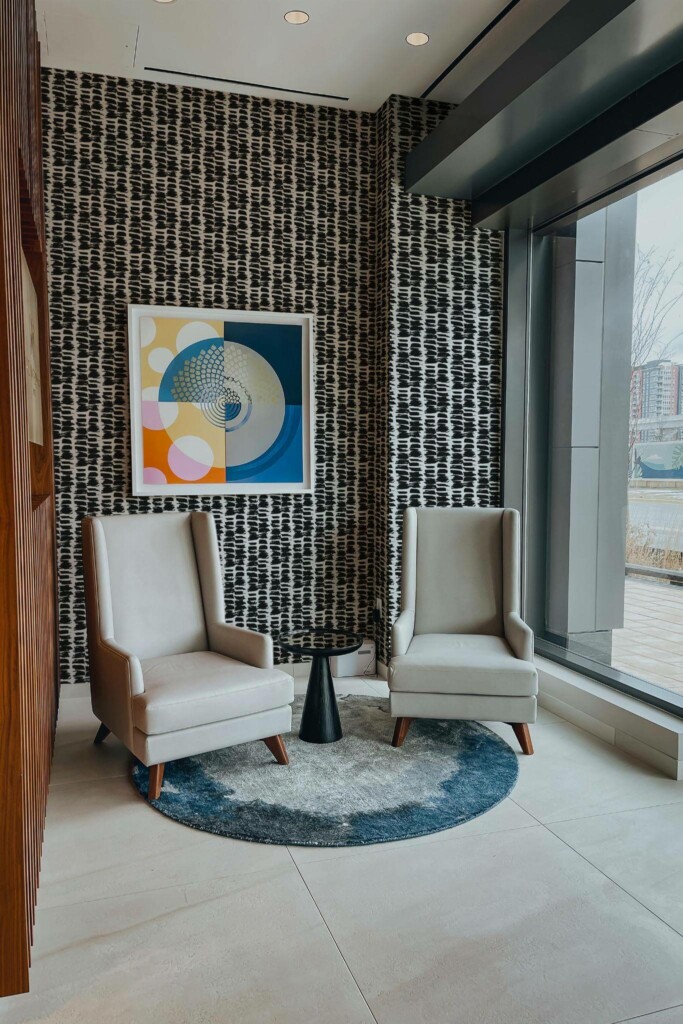 Mid-century-modern style living room decorated with Black and white Brush stroke peel and stick wallpaper
