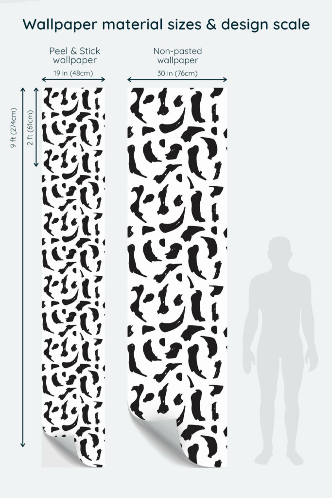 Size comparison of Black and white brush stroke Peel & Stick and Non-pasted wallpapers with design scale relative to human figure