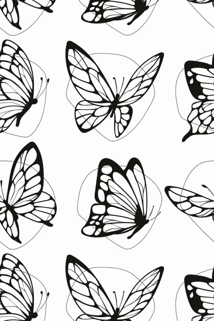 Pattern repeat of Black and white butterflies removable wallpaper design