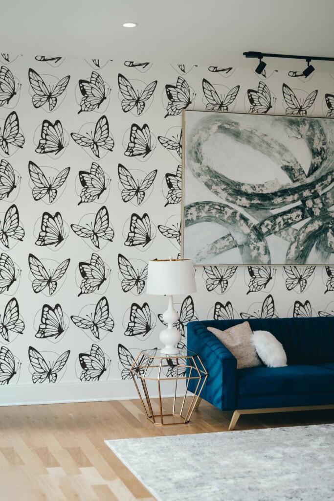 Modern style living room decorated with Black and white butterflies peel and stick wallpaper