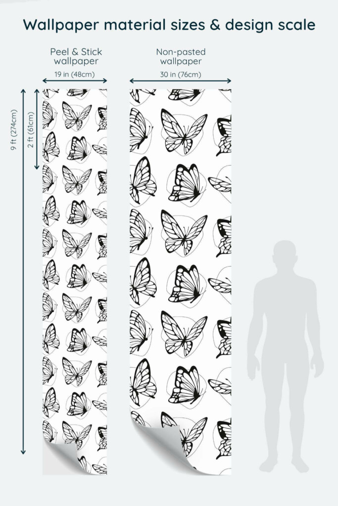 Size comparison of Black and white butterflies Peel & Stick and Non-pasted wallpapers with design scale relative to human figure