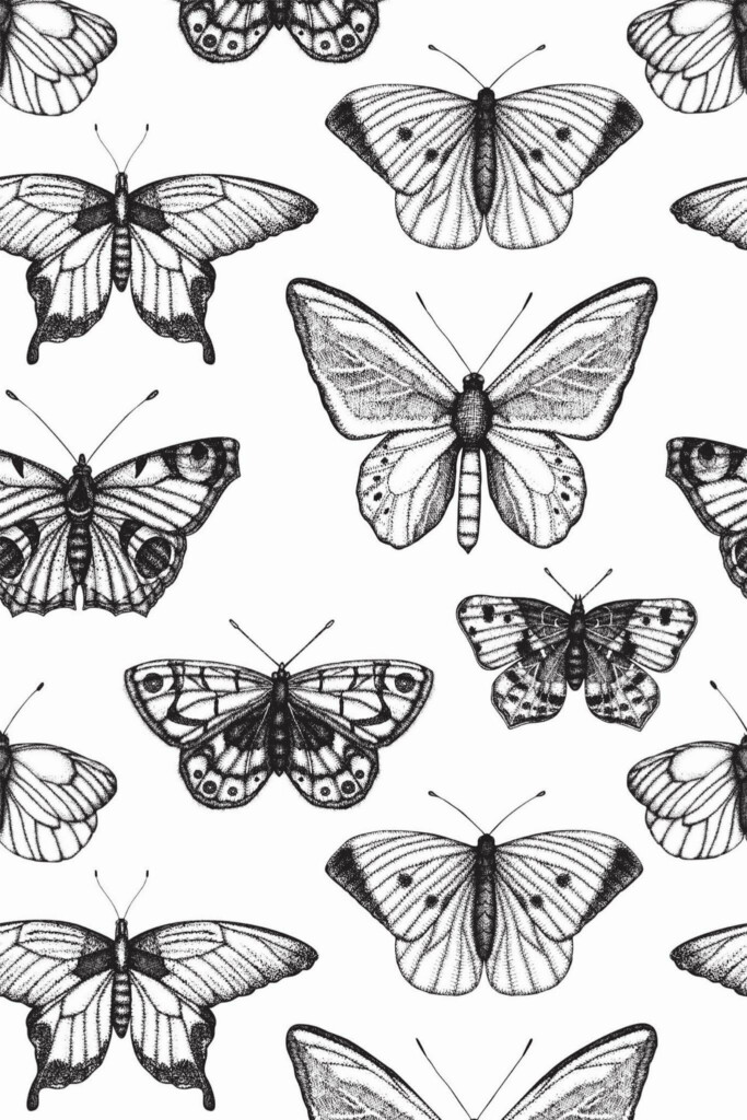 Pattern repeat of Black and white butterfly removable wallpaper design