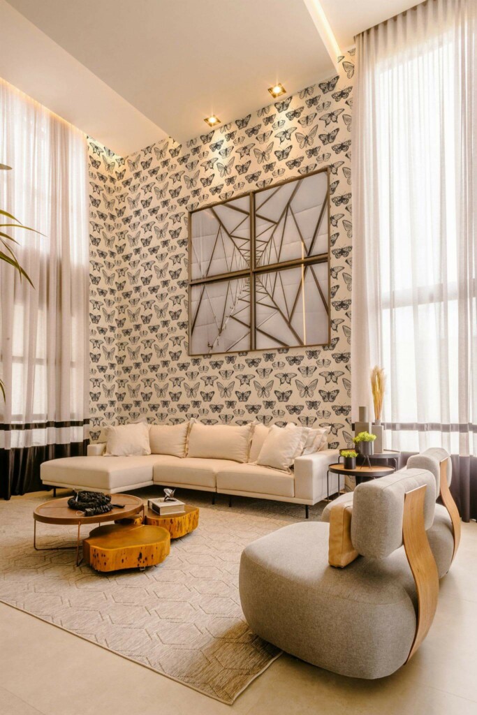 Contemporary style living room decorated with Black and white butterfly peel and stick wallpaper