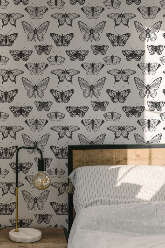 Minimal modern style bedroom decorated with Black and white butterfly peel and stick wallpaper