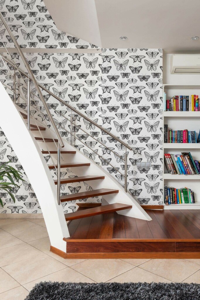 Modern style hallway with stairs decorated with Black and white butterfly peel and stick wallpaper