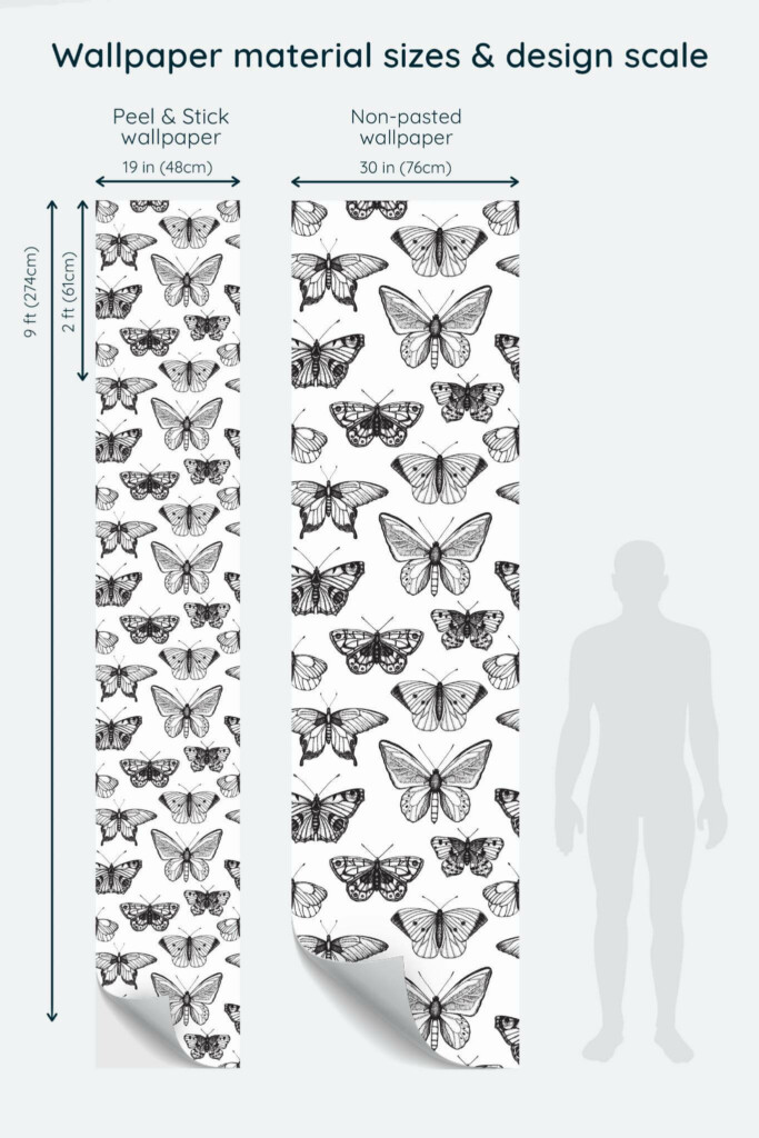 Size comparison of Black and white butterfly Peel & Stick and Non-pasted wallpapers with design scale relative to human figure