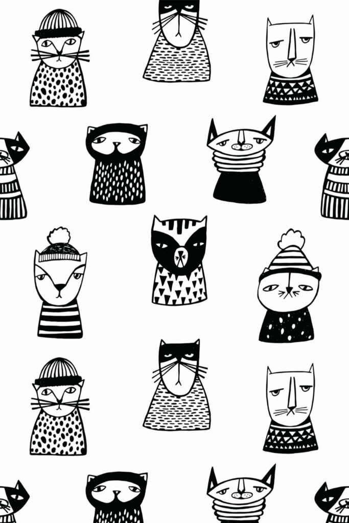 Pattern repeat of Black and white cat removable wallpaper design