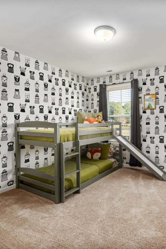MId-century modern style kids room decorated with Black and white cat peel and stick wallpaper