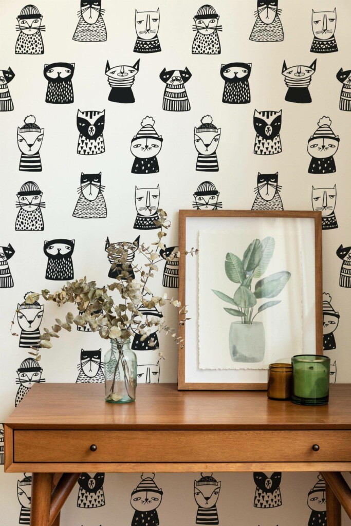 Mid-century modern style living room decorated with Black and white cat peel and stick wallpaper