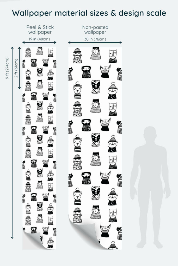 Size comparison of Black and white cat Peel & Stick and Non-pasted wallpapers with design scale relative to human figure