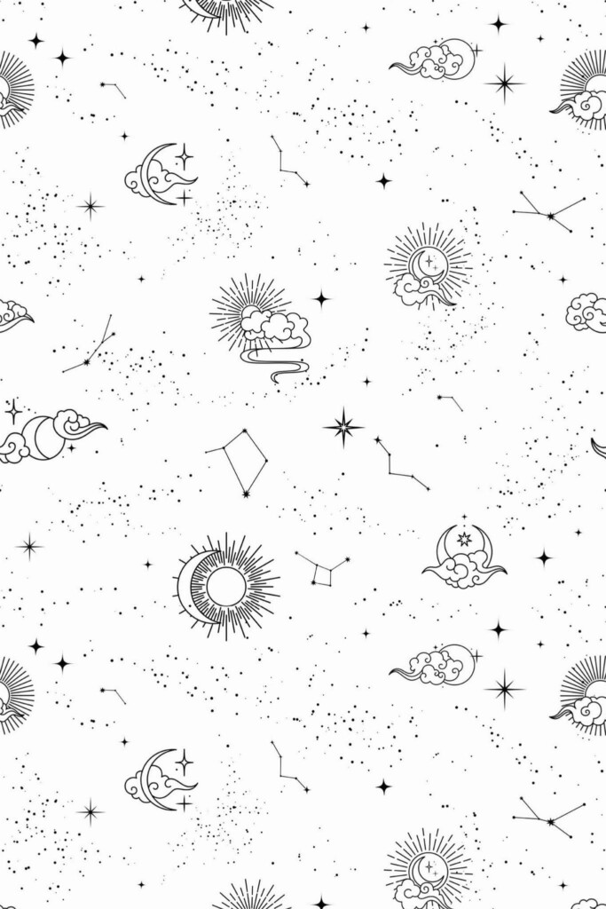 Pattern repeat of Black and white celestial removable wallpaper design