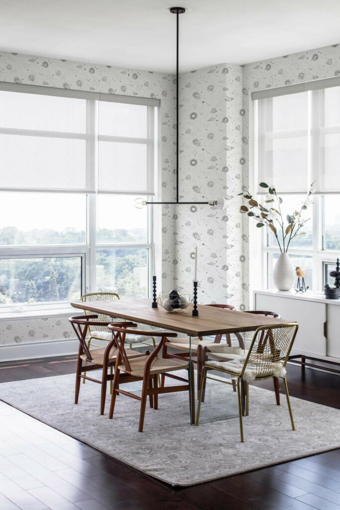 Modern minimalist style dining room decorated with Black and white celestial peel and stick wallpaper
