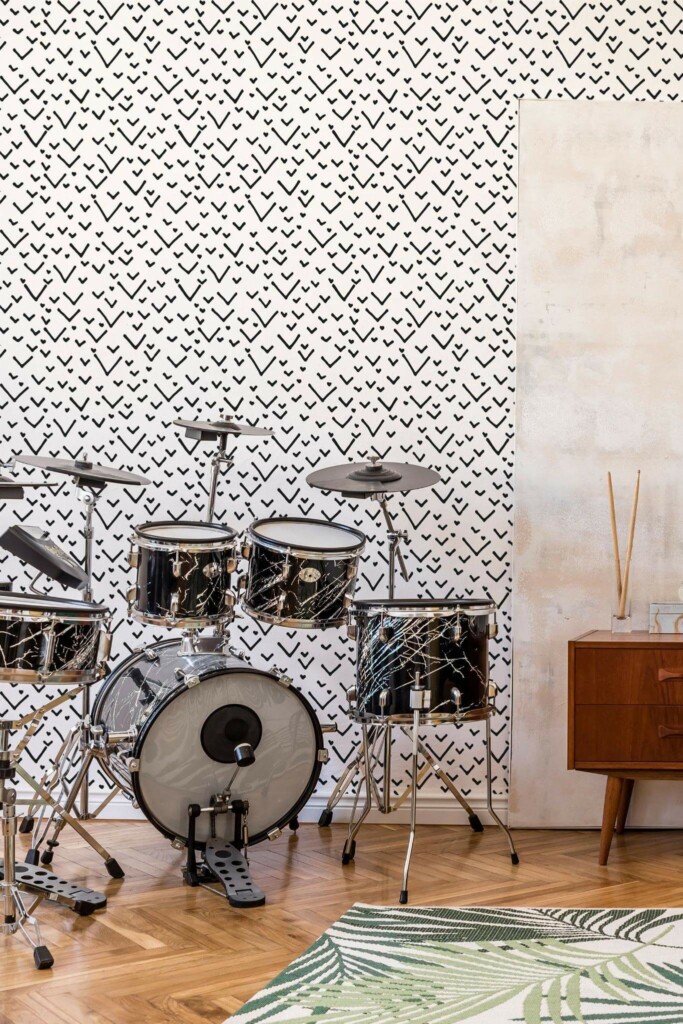 Mid-century style music room decorated with Black and white check marks peel and stick wallpaper