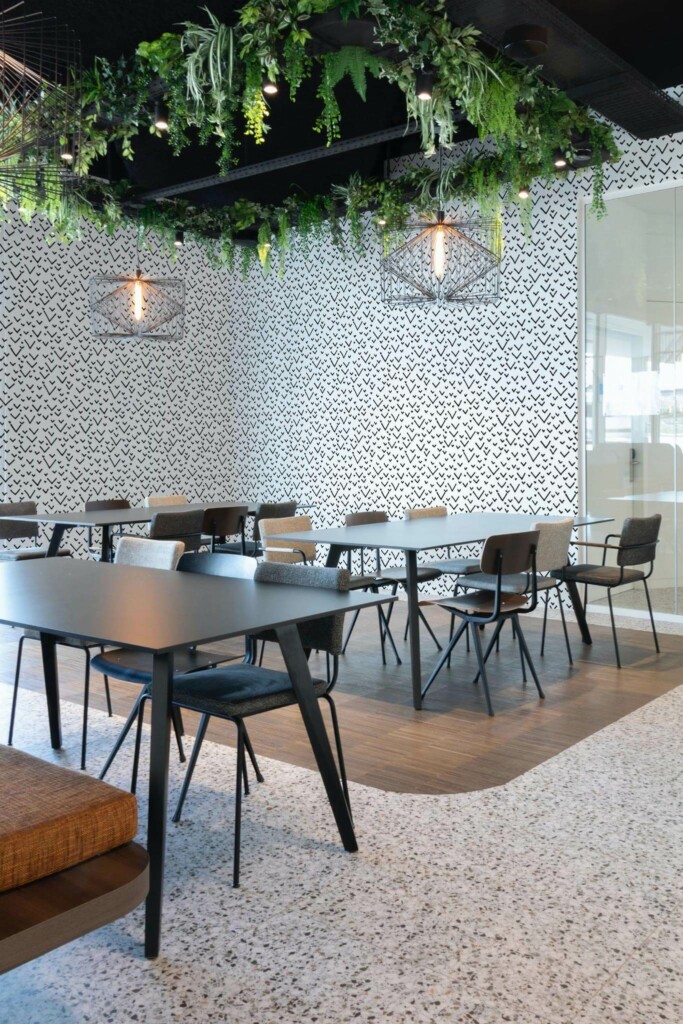 Modern style cafe decorated with Black and white check marks peel and stick wallpaper
