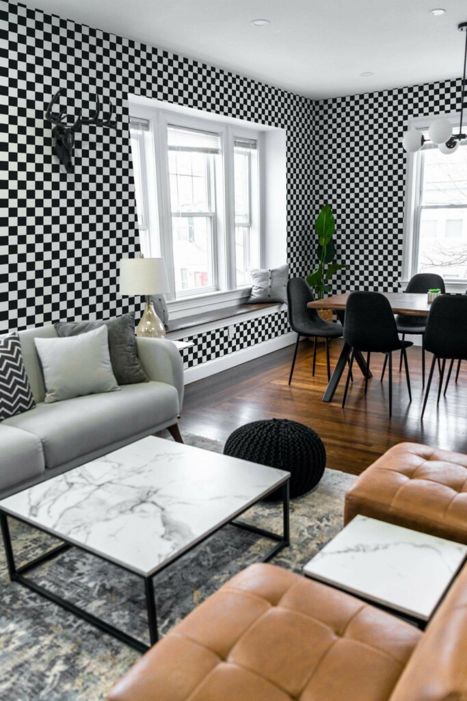 Mid-century modern scandinavian style living dining room decorated with Black and white checkered peel and stick wallpaper