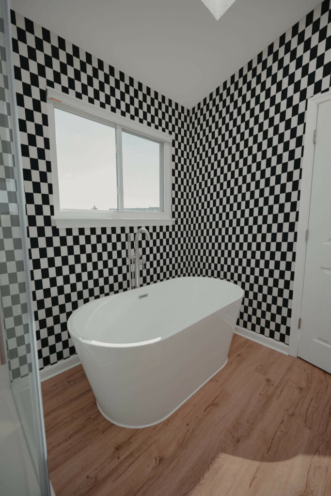 Modern style bathroom decorated with Black and white checkered peel and stick wallpaper