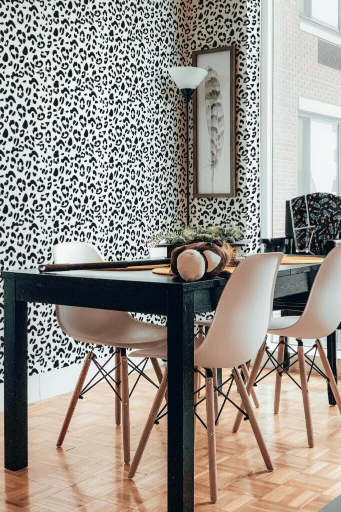 Industrial scandinavian style dining room decorated with Black and white cheetah print peel and stick wallpaper