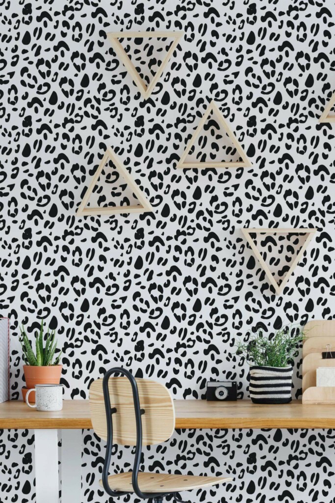 Scandinavian style home office decorated with Black and white cheetah print peel and stick wallpaper