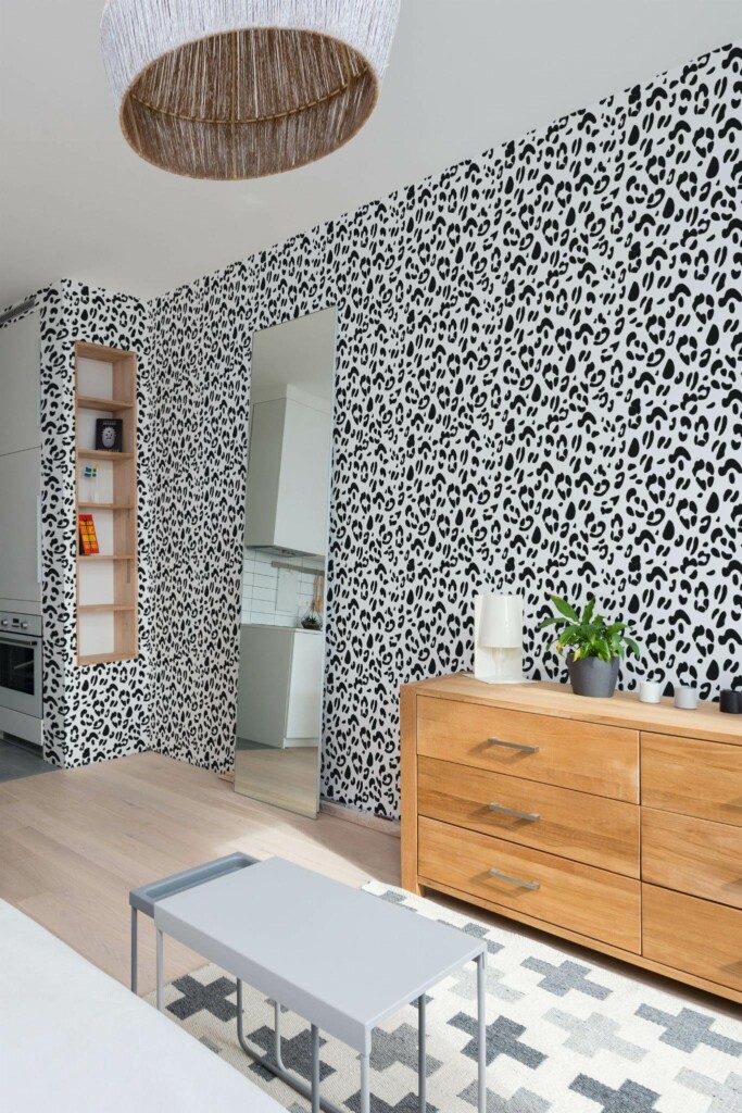 Scandinavian style small apartment decorated with Black and white cheetah print peel and stick wallpaper