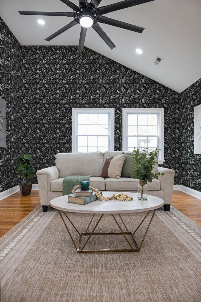Scandinavian style living room decorated with Black and white coral peel and stick wallpaper