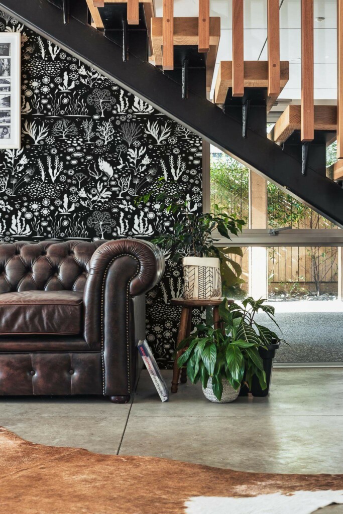 Traditional style entryway decorated with Black and white coral peel and stick wallpaper