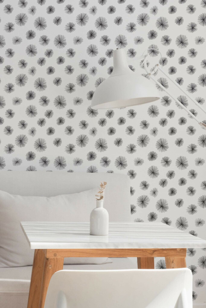 Minimal style dining room decorated with Black and white dandelion peel and stick wallpaper