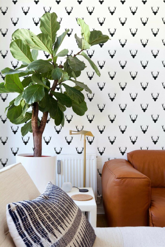 Mid-century style living room decorated with Black and white deer peel and stick wallpaper