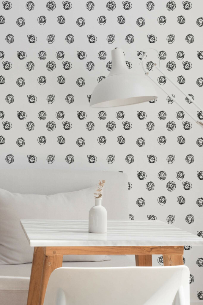 Minimal style dining room decorated with Black and white dot peel and stick wallpaper