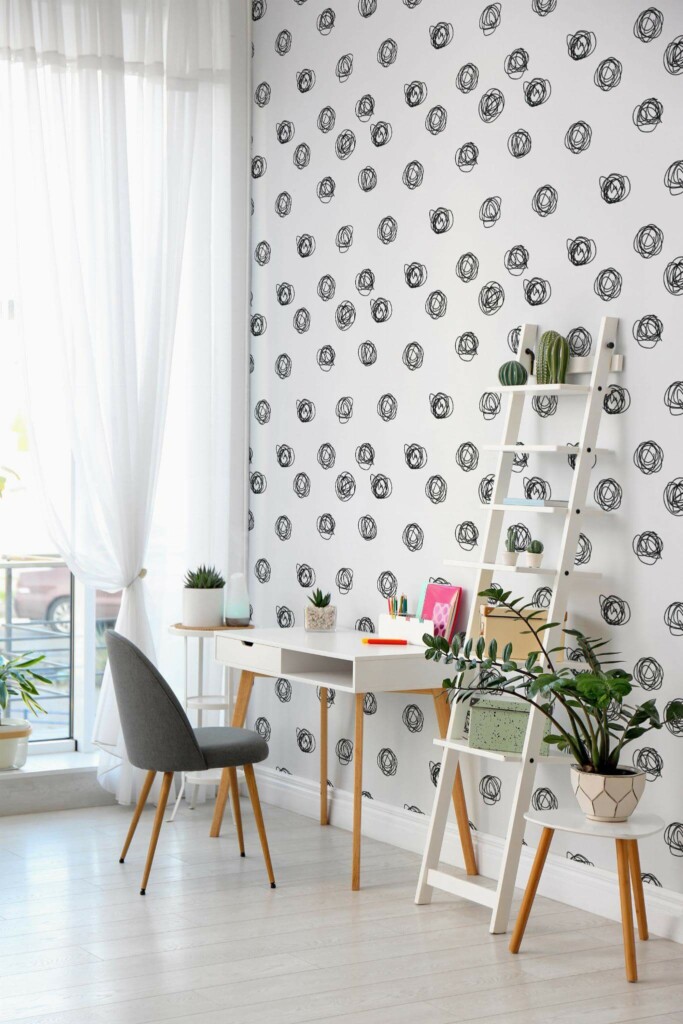 Scandinavian style home office decorated with Black and white dot peel and stick wallpaper