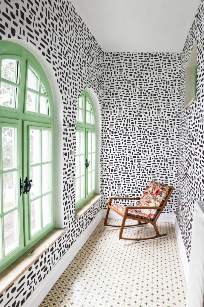 Mediterranean style hallway decorated with Black and white dots and lines peel and stick wallpaper