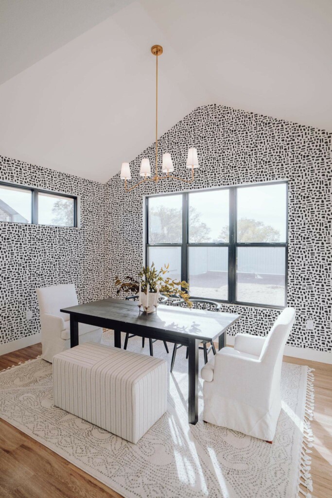 Elegant minimal style dining room decorated with Black and white dots and lines peel and stick wallpaper