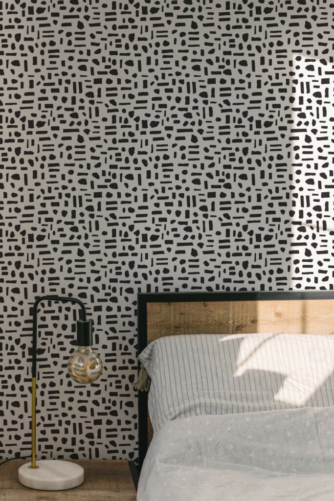 Minimal modern style bedroom decorated with Black and white dots and lines peel and stick wallpaper