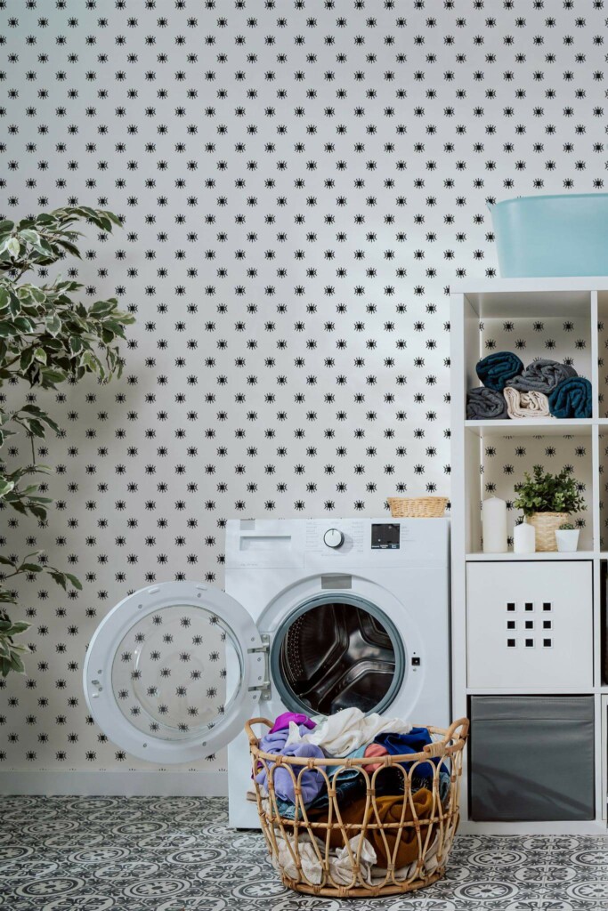 Minimal scandinavian style laundry room decorated with Black and white eye peel and stick wallpaper