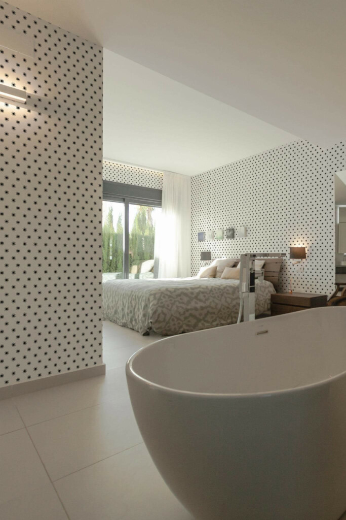 Modern style bedroom with open bathroom decorated with Black and white eye peel and stick wallpaper