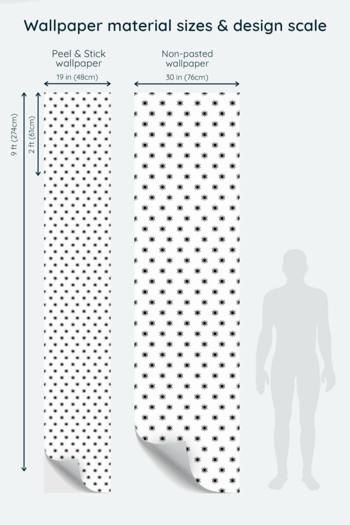 Size comparison of Black and white eyes Peel & Stick and Non-pasted wallpapers with design scale relative to human figure