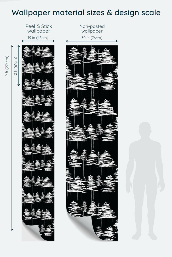 Size comparison of Black and white fir tree Peel & Stick and Non-pasted wallpapers with design scale relative to human figure