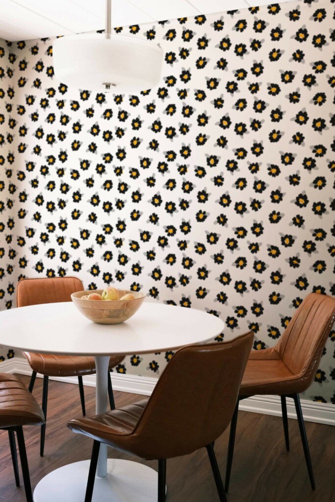 Mid-century modern style dining room decorated with Black and white floral peel and stick wallpaper