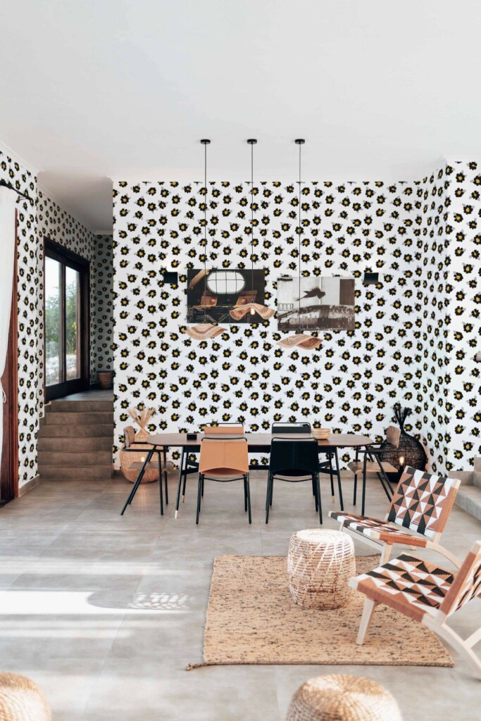 Modern boho style living dining room decorated with Black and white floral peel and stick wallpaper