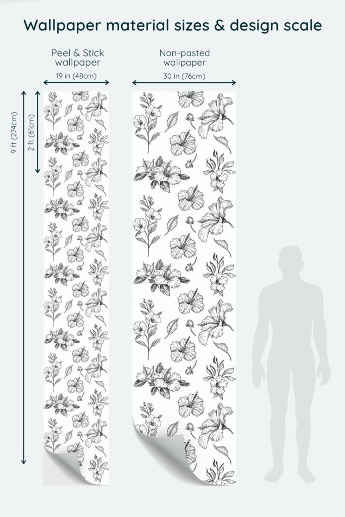 Size comparison of Black and white floral Peel & Stick and Non-pasted wallpapers with design scale relative to human figure