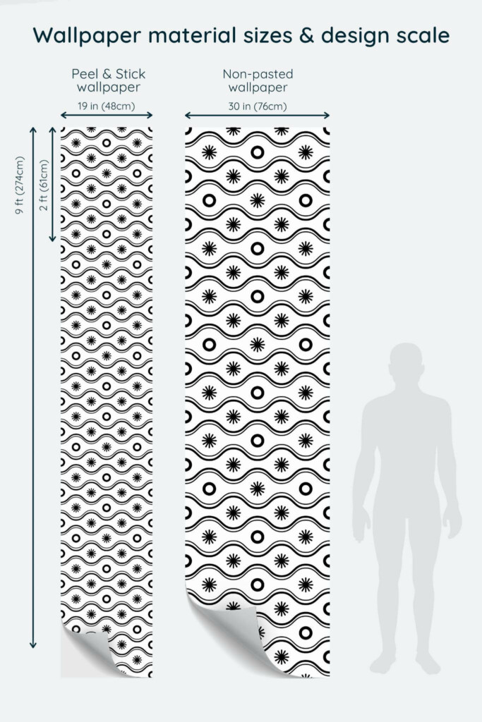 Size comparison of Black and white geometric retro Peel & Stick and Non-pasted wallpapers with design scale relative to human figure