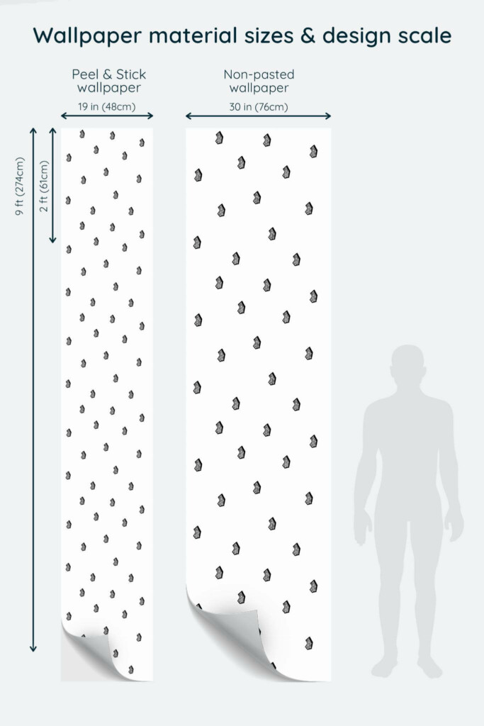 Size comparison of Black and white geometric shape Peel & Stick and Non-pasted wallpapers with design scale relative to human figure